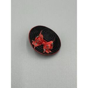 Vintage 1998 Red Lady Hat Elegant W/ Red Bow Lapel Pin Brooch Retro